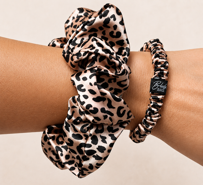 Pink Leopard classic and mini mulberry silk scrunchie set by Blush Silks