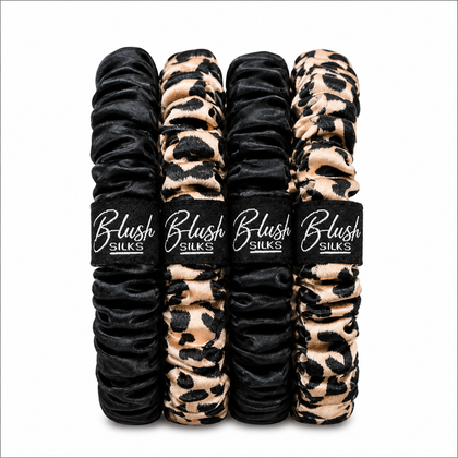 Pink Leopard mini mulberry silk scrunchie set with onyx silk scrunchies by Blush Silks