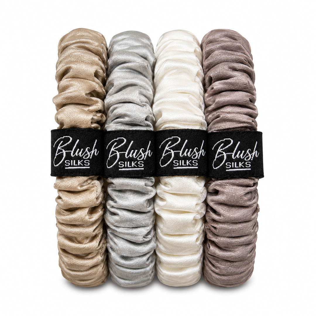Pixie Mini Mulberry Silk Scrunchie Set in Champagne, Pewter, Pearl, and Lotus by Blush Silks