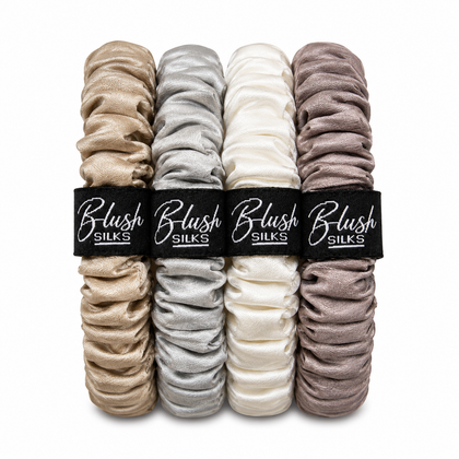Pixie mini mulberry silk scrunchie set in champagne pewter pearl and lotus by Blush Silks