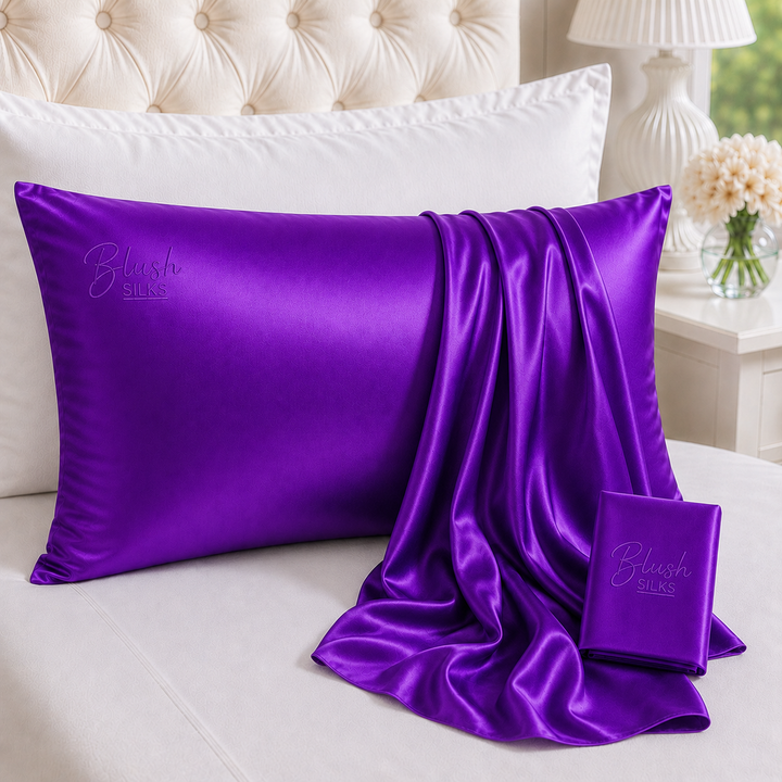 Purple 22 Momme Grade 6A charmeuse Mulberry Silk pillowcase with embroidered Blush Silks logo
