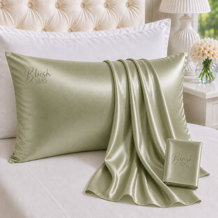 Sage Green 22 Momme Grade 6A charmeuse Mulberry Silk pillowcase with embroidered Blush Silks logo
