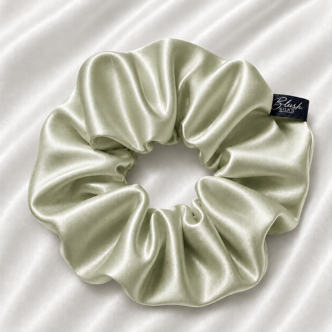 Sage green 22 momme mulberry silk scrunchie made from 100% Grade 6A silk by Blush Silks