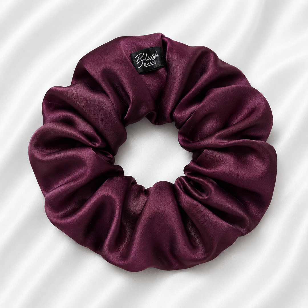 Sangria burgundy 22 momme mulberry silk scrunchie made from 100% Grade 6A silk by Blush Silks