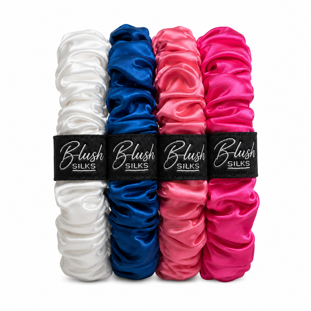Summer Mini Mulberry Silk Scrunchie Set in Pearl, Cobalt, Watermelon, and Bubblegum by Blush Silks