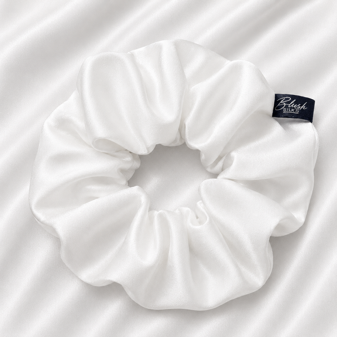 Pearl white 22 momme mulberry silk scrunchie made from 100% Grade 6A silk by Blush Silks